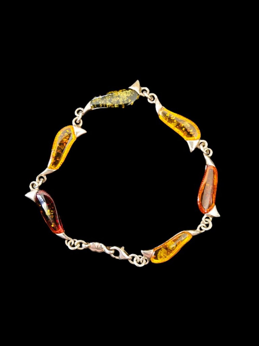 Vintage 90s Sterling Silver Modernist Multi-Color Baltic Amber Bracelet 7.5"